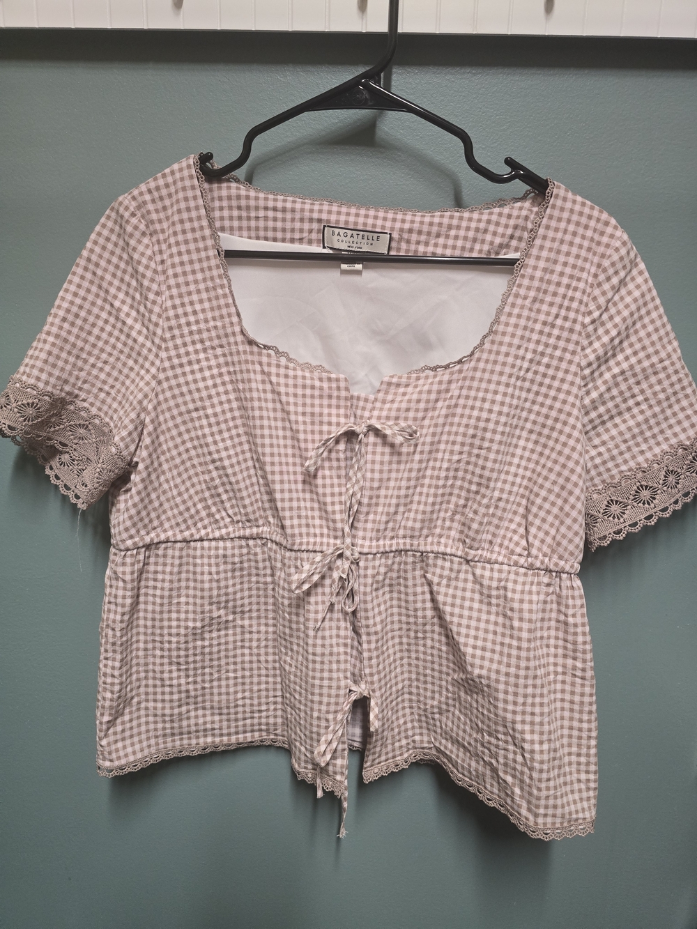 Bagatelle Pink Gingham Tie-Front Peasant Top